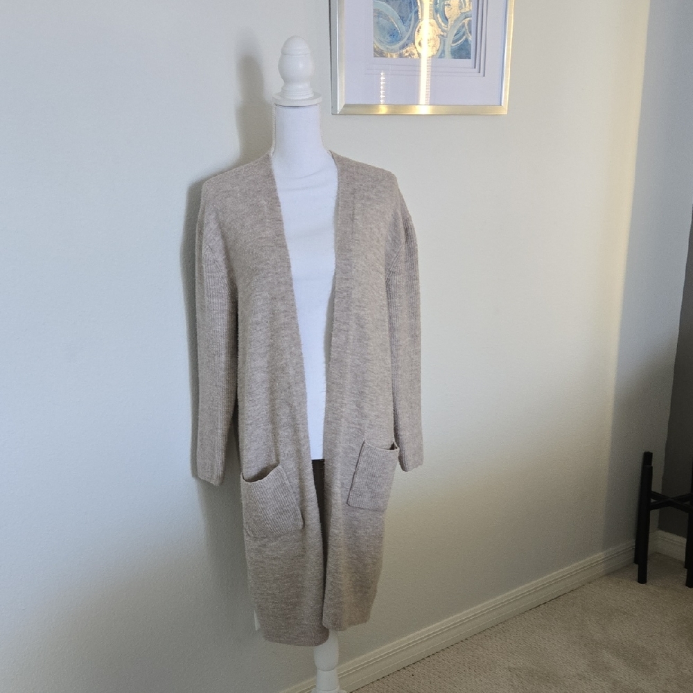 Express Long Open-Front Cardigan in Light Taupe